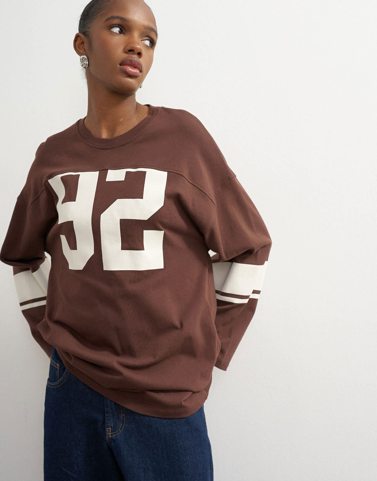Topshop long sleeve skater '92' graphic t-shirt in chocolate
