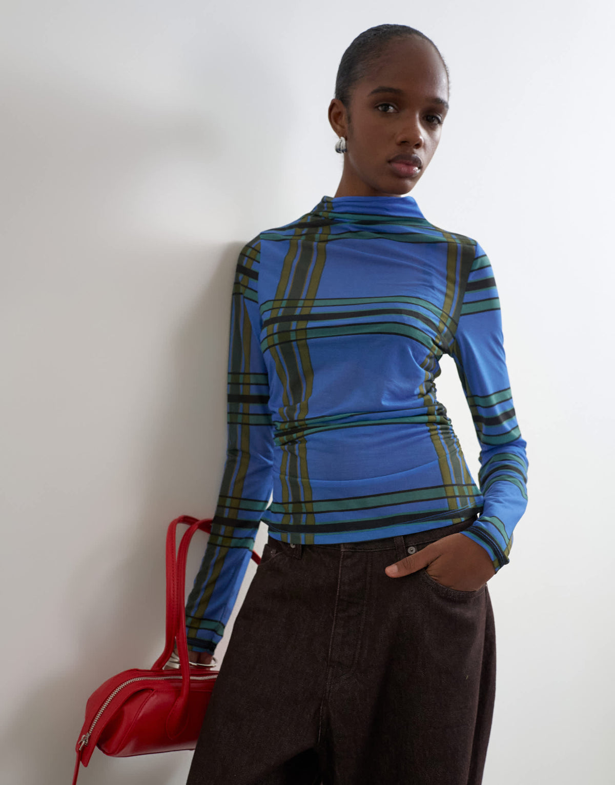 Topshop check high neck mesh long sleeve top in blue