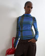Topshop check high neck mesh long sleeve top in blue