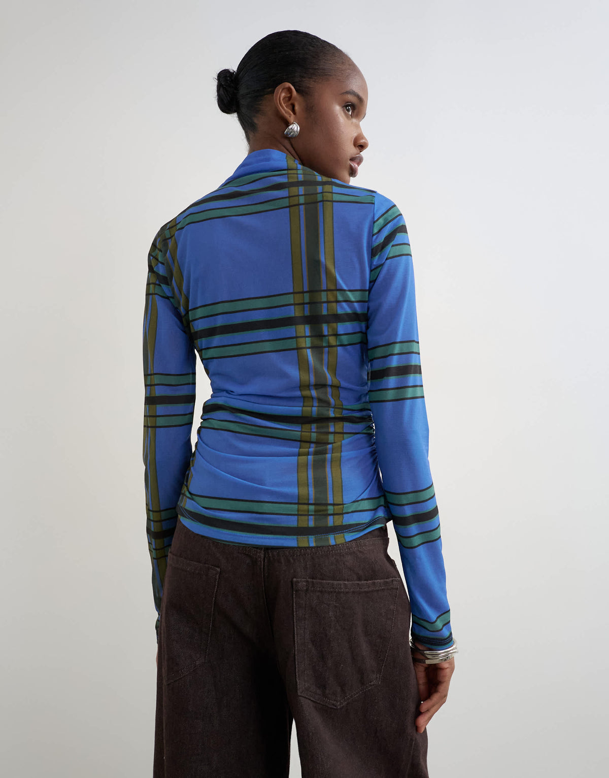 Topshop check high neck mesh long sleeve top in blue