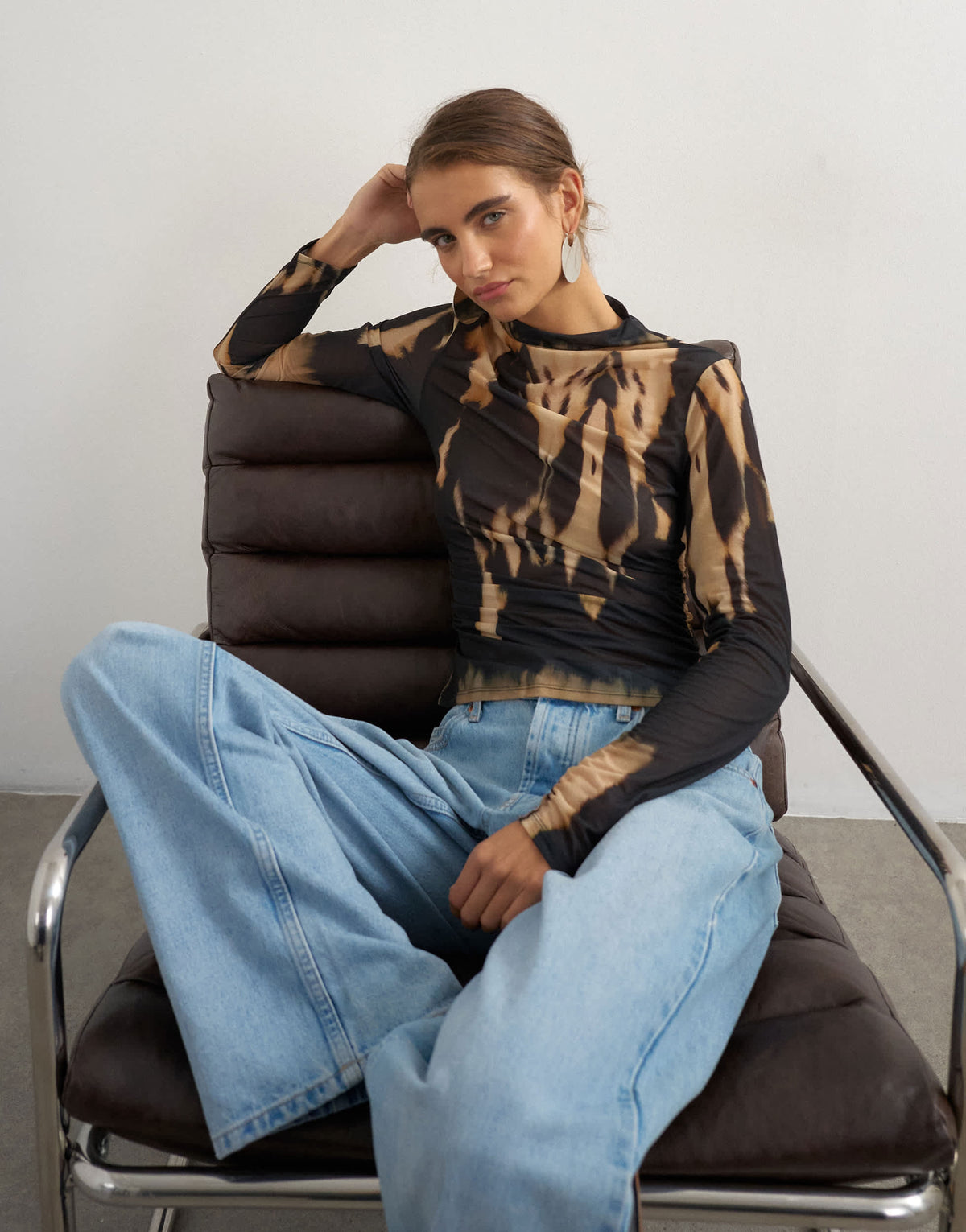 Topshop check high neck mesh long sleeve top in mono print