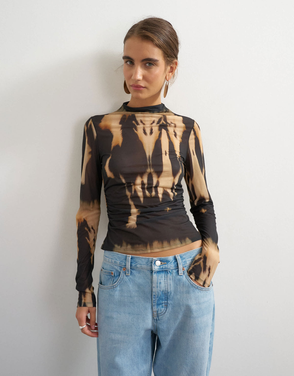 Topshop check high neck mesh long sleeve top in mono print