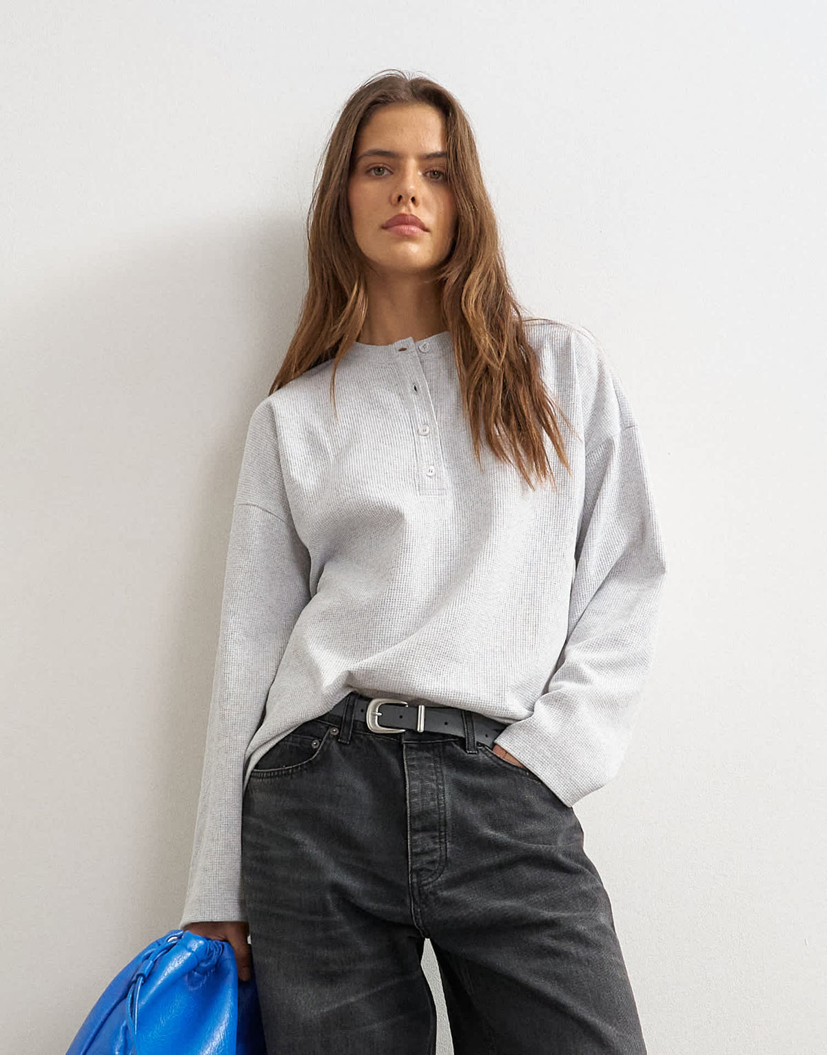 Topshop waffle henley long sleeve top in grey marl