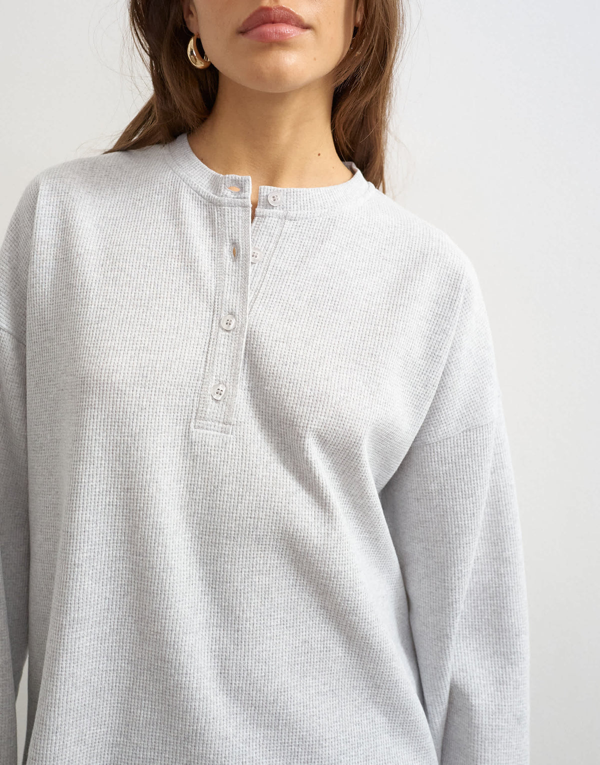 Topshop waffle henley long sleeve top in grey marl