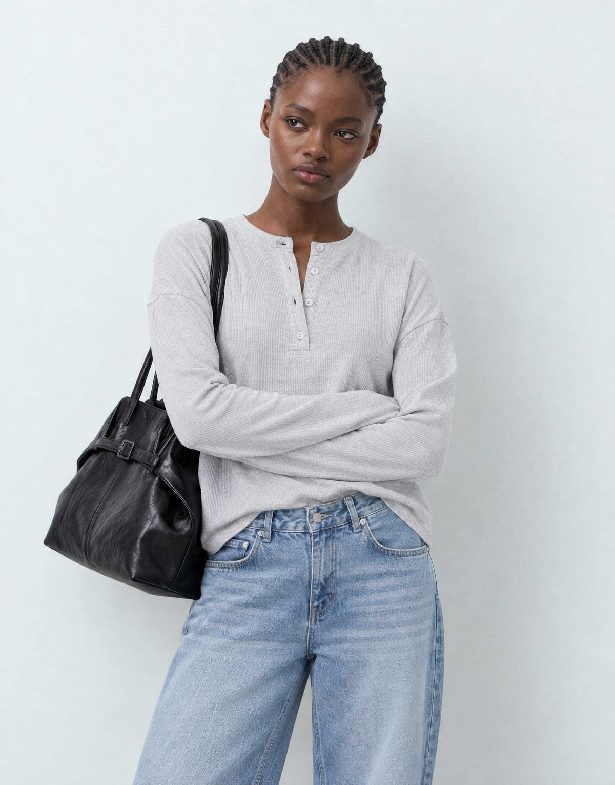 Topshop waffle henley long sleeve top in grey marl