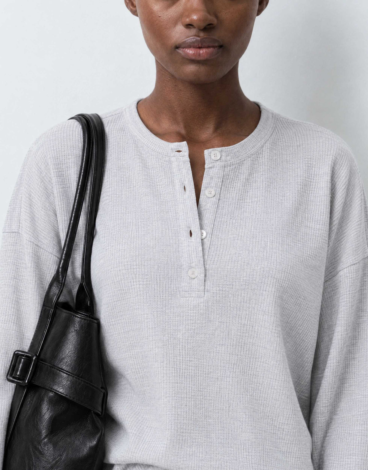 Topshop waffle henley long sleeve top in grey marl