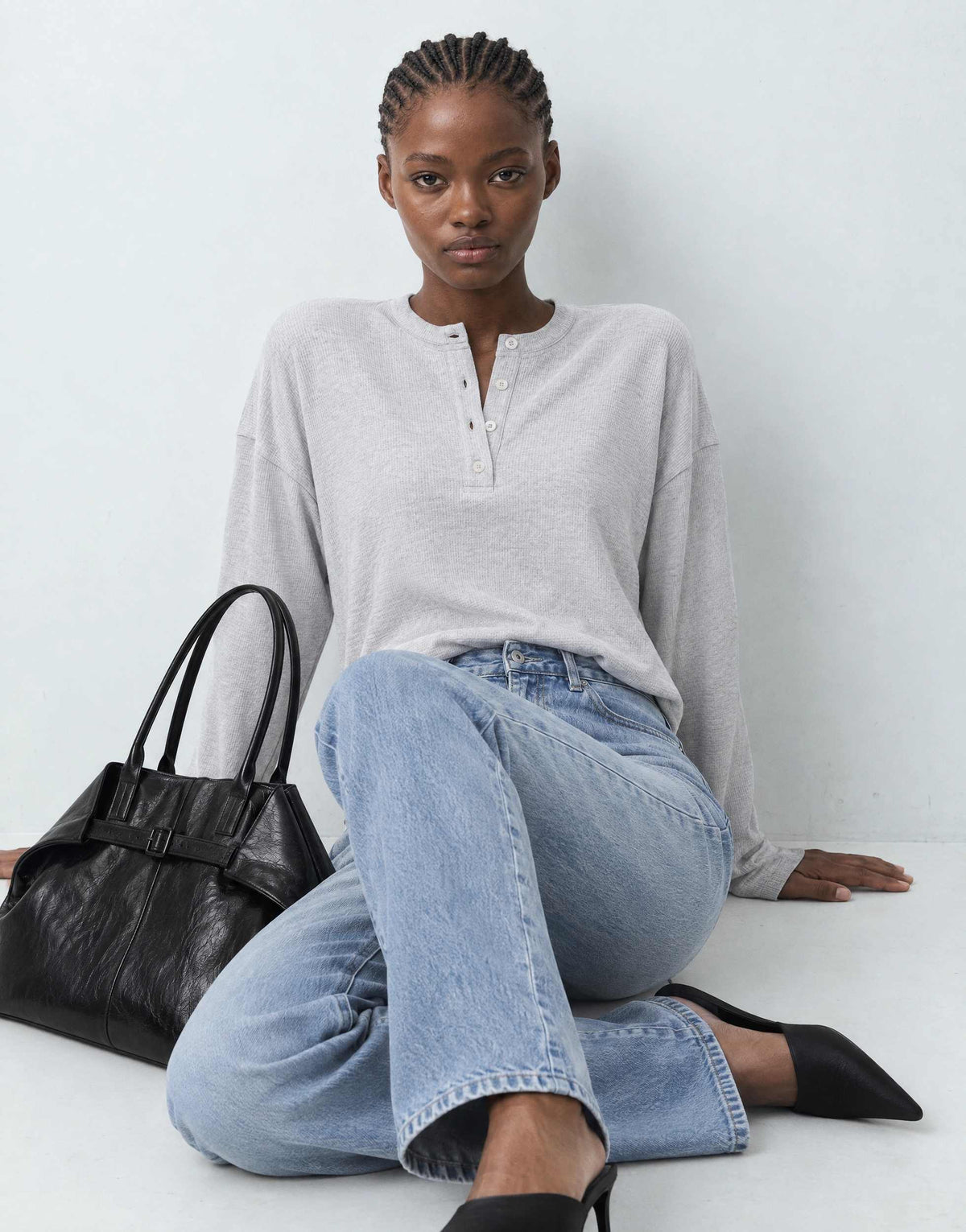 Topshop waffle henley long sleeve top in grey marl
