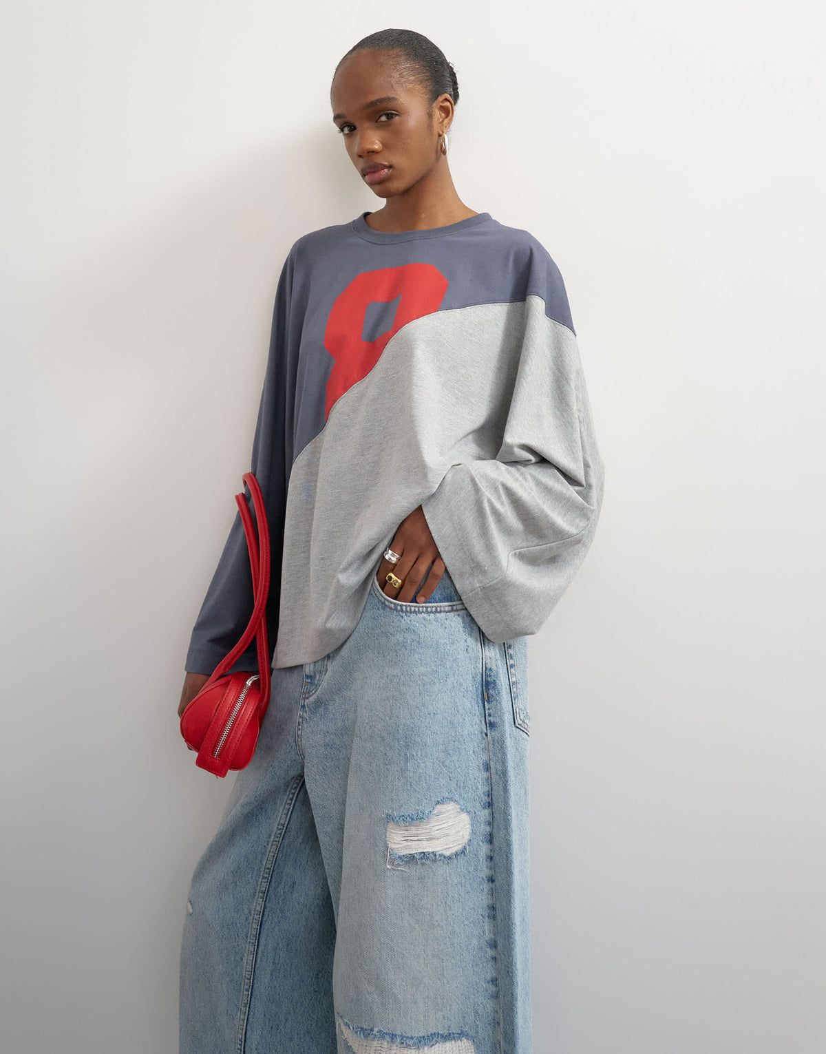 Topshop 'number 8' graphic long sleeve skater t-shirt in grey