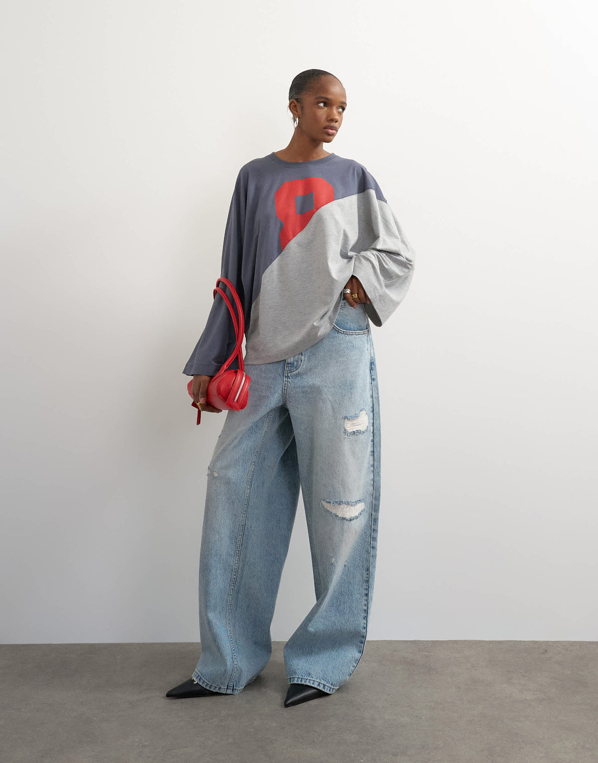 Topshop 'number 8' graphic long sleeve skater t-shirt in grey