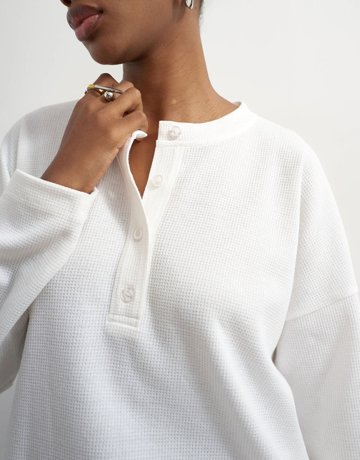 Topshop waffle henley long sleeve top in ecru