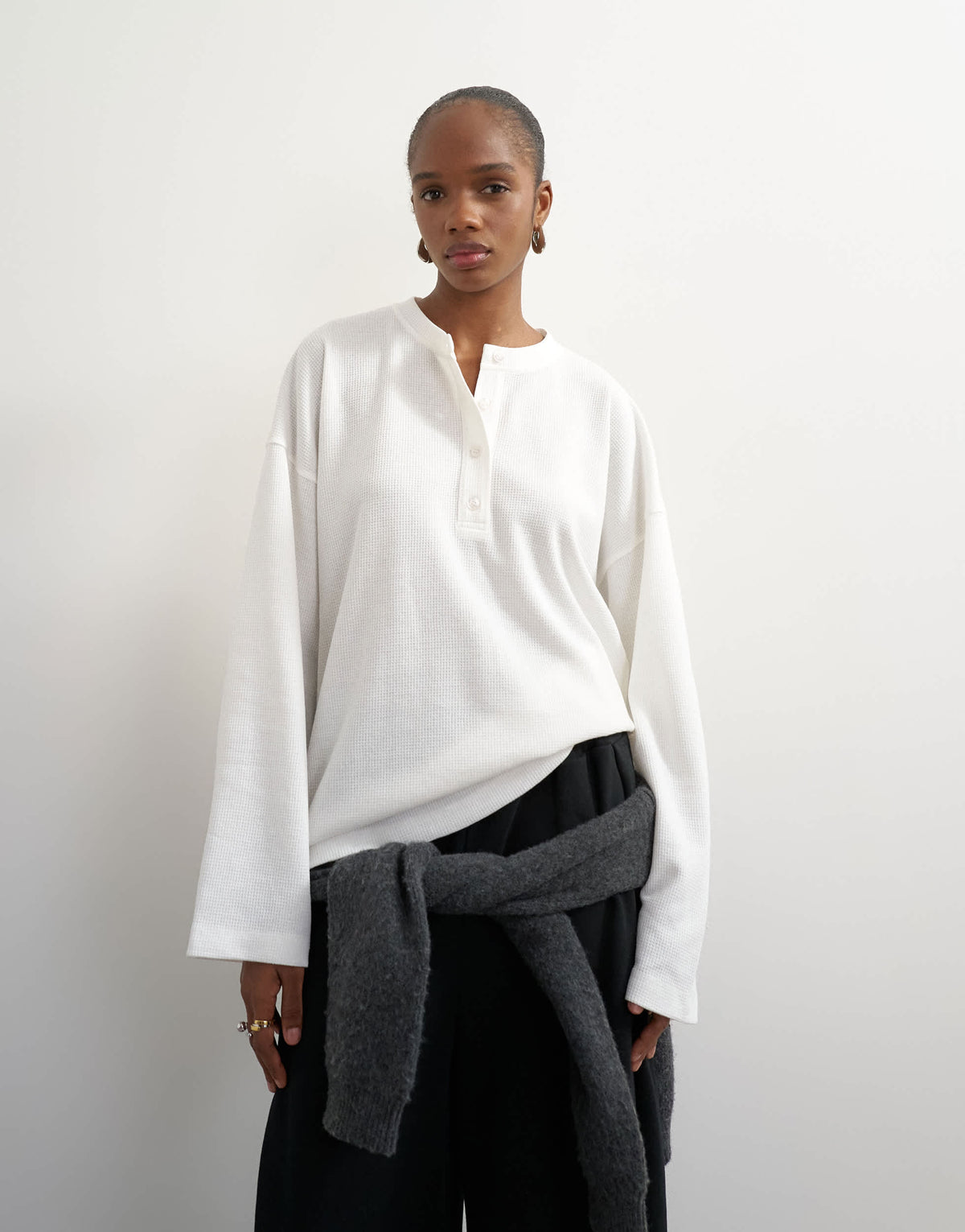 Topshop waffle henley long sleeve top in ecru