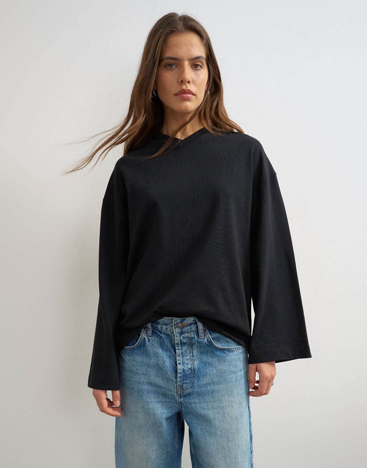 Topshop v neck long sleeve skater top in black