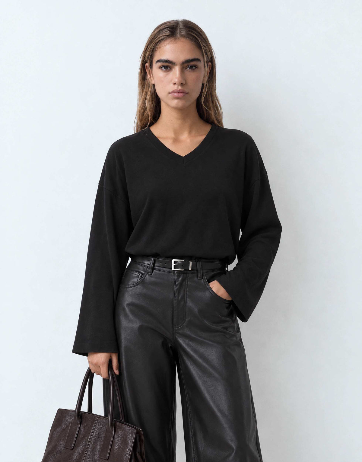 Topshop v neck long sleeve skater top in black