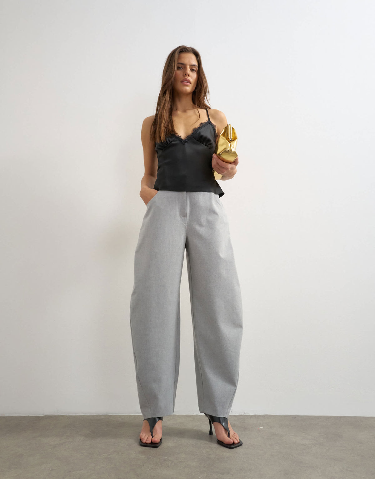 Topshop barrel leg trouser in grey stripe