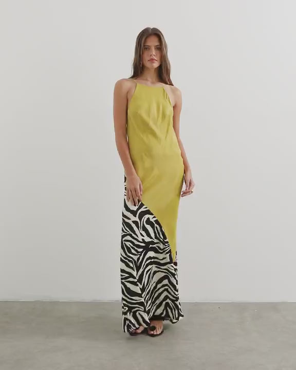 Topshop satin bias halter neck open scoop back maxi dress in colour block animal