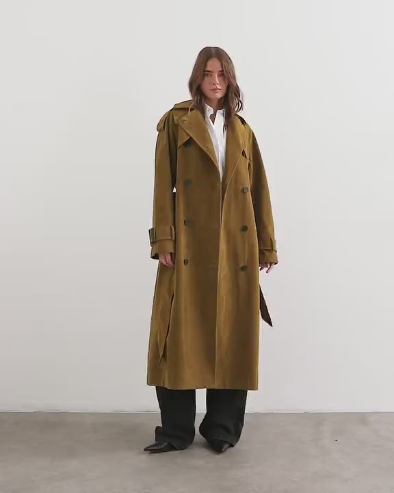 Topshop faux suede trench in mustard olive