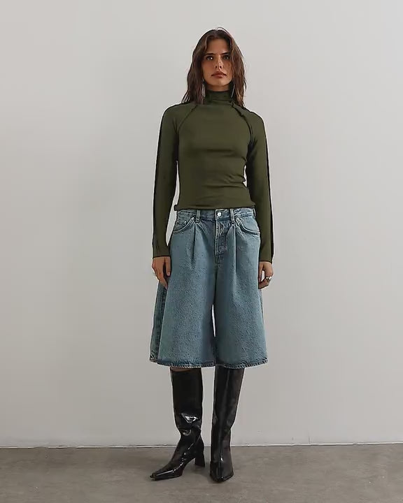 Topshop X Cara seamed long sleeve T-shirt in khaki