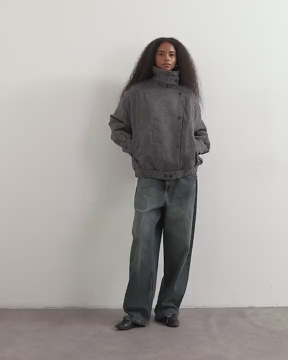 Topshop funnel neck wool belted bomber jacket in check