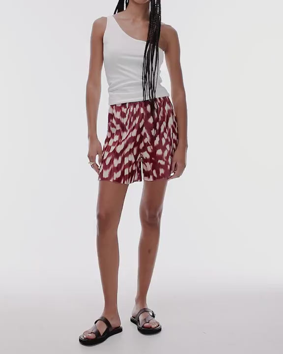 Topshop abstract animal plisse wide leg shorts in burgundy