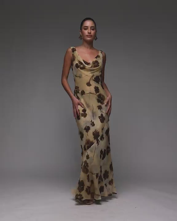 Topshop double layered cowl neck maxi dress in buttermilk floral 