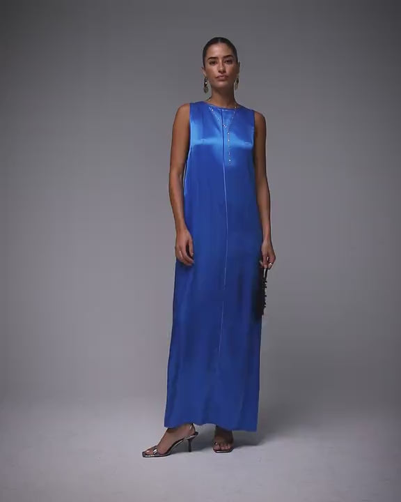 Topshop high neck open back chuck on satin dress in blue