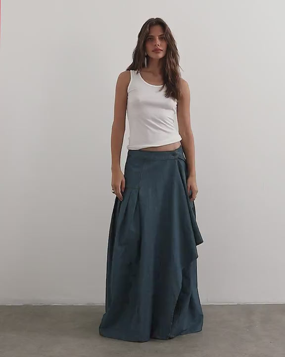 Topshop X Cara denim waterfall drape pleated skirt in green cast