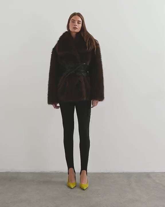 Topshop faux fur collar less belted short coat in brown
