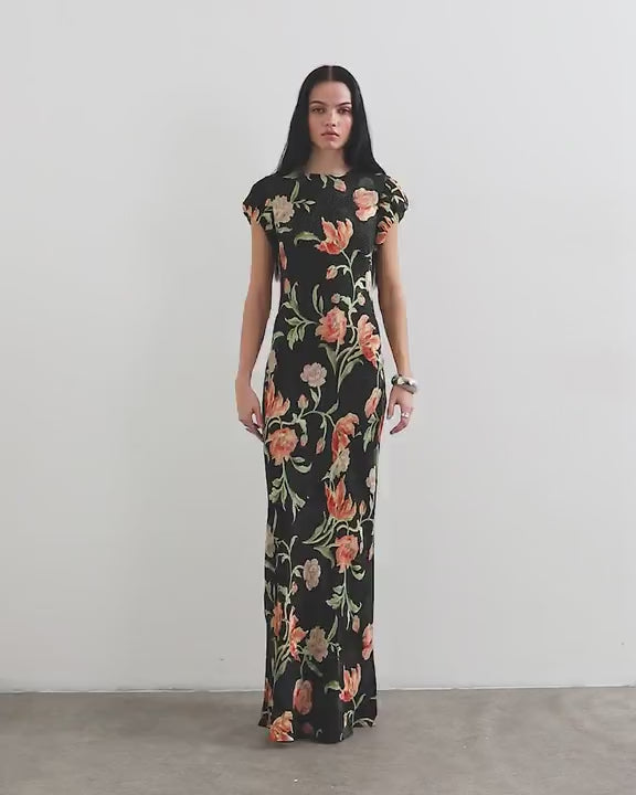 Topshop satin spot jacquard maxi dress with puff sleeve in black based floral