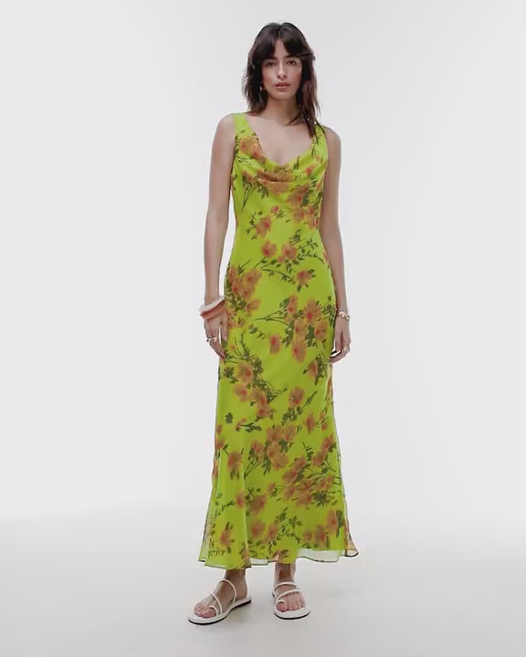 Topshop built up double layered cowl neck maxi dress in green floral