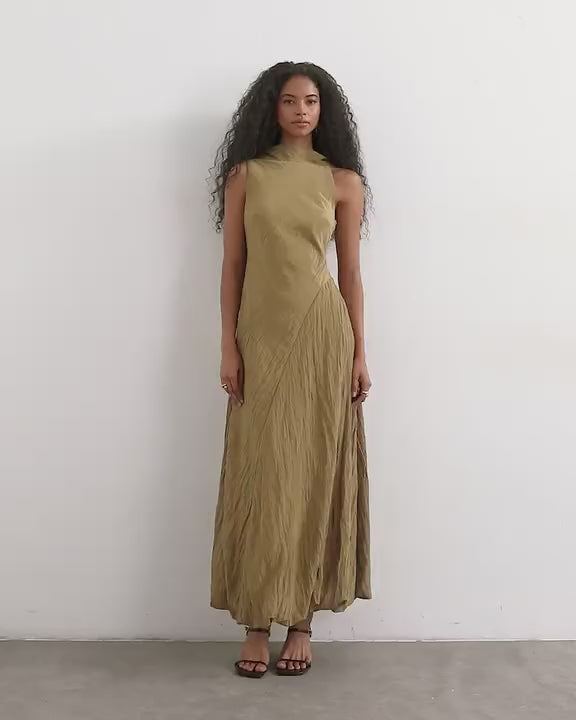 Topshop crinkle tuck side twist shoulder bubble hem maxi dress in camel