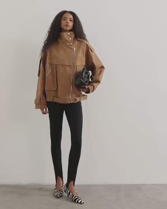 Topshop faux suede fold funnel biker in tan