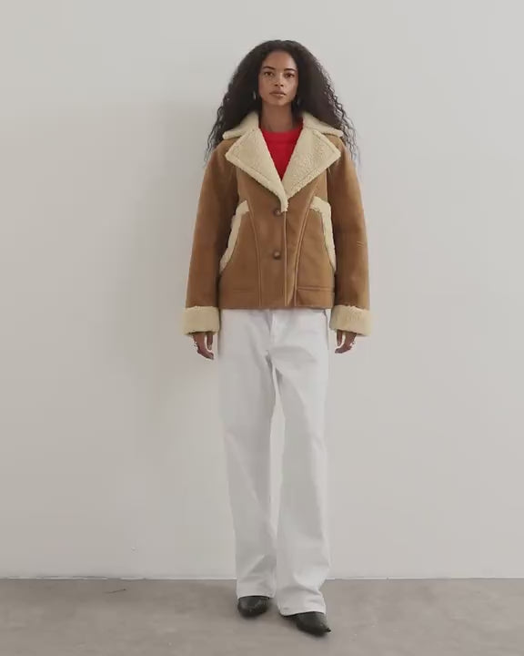 Topshop super oversized faux shearling short jacket in beige