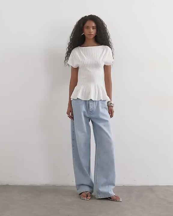 Topshop knitted grown on short sleeve peplum top in ivory