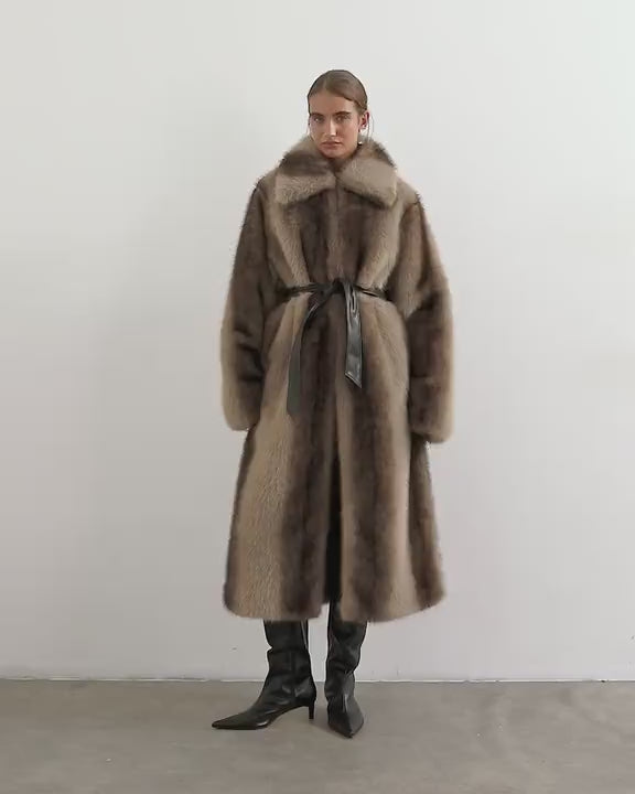 Topshop faux fur long line coat with faux leather belt in mocha