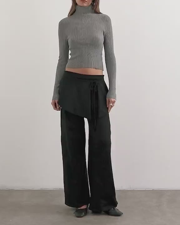 Topshop fold over tie detail wide leg trouser in black