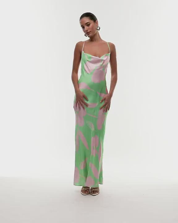 Topshop cowl maxi slip dress in lime and pink floral
