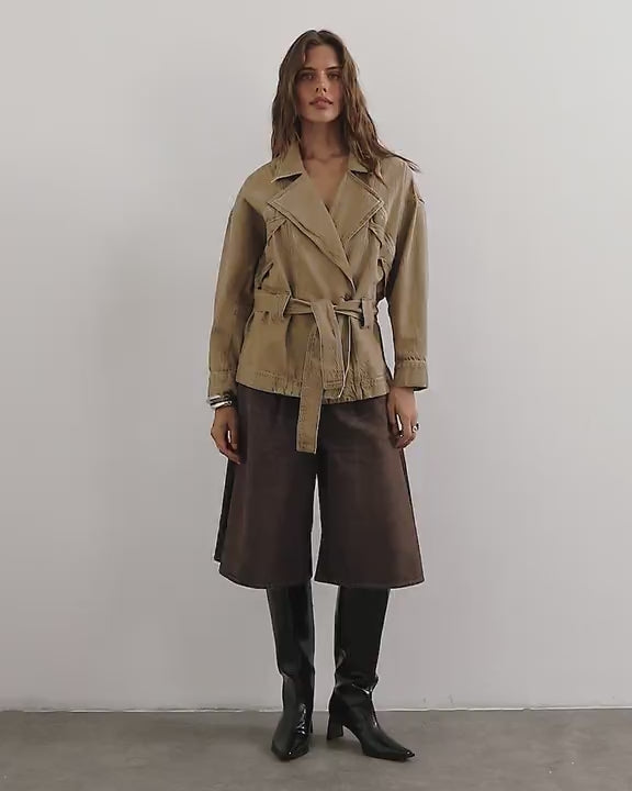 Topshop X Cara denim cropped trench jacket in washed beige