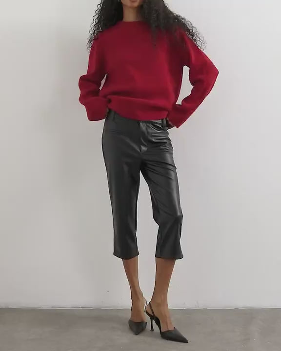 Topshop faux leather capri trouser with side splits in black