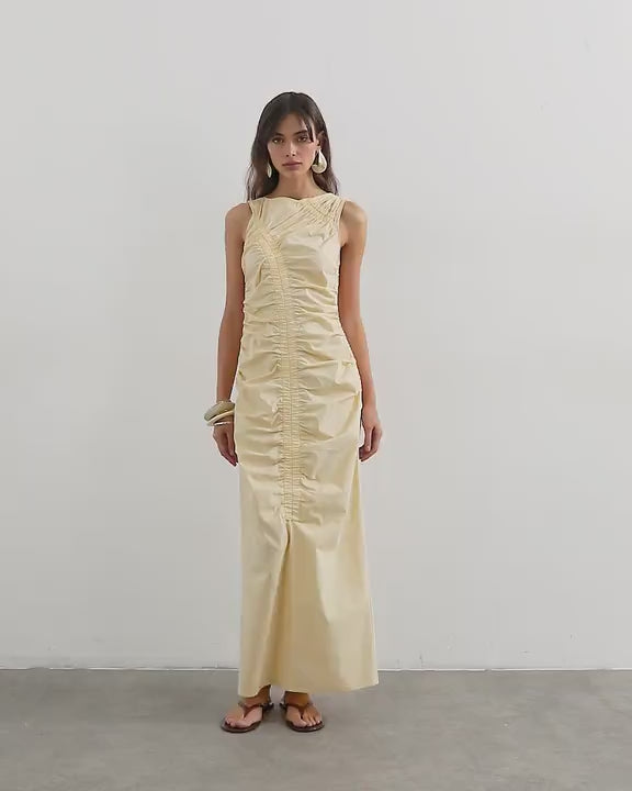 Topshop ruched sleeveless midi dress in buttermilk