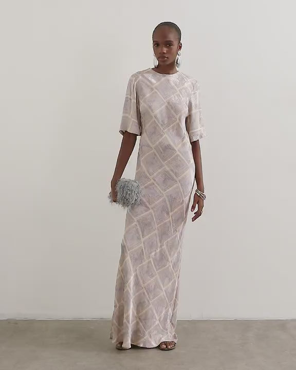 Topshop satin jacquard slash neck maxi dress in blue square print