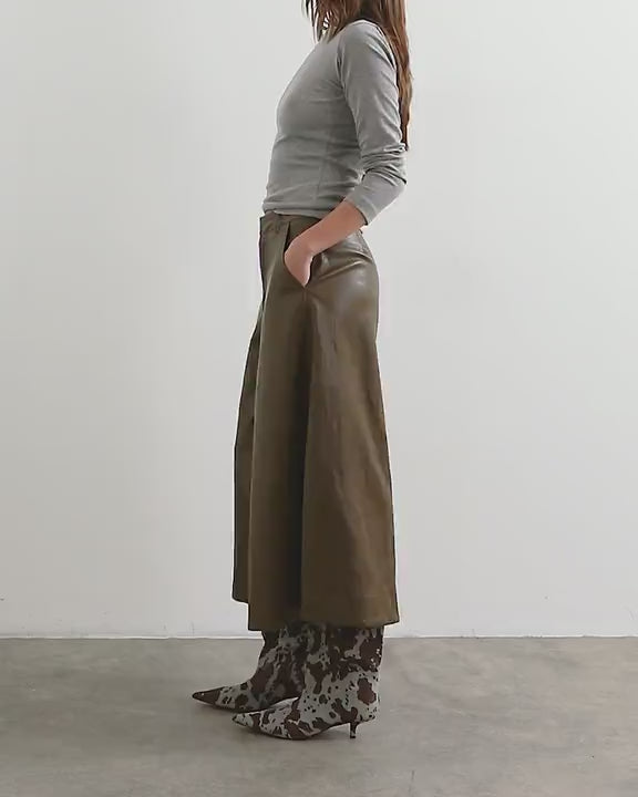 Topshop faux leather a line culotte trousers in khaki