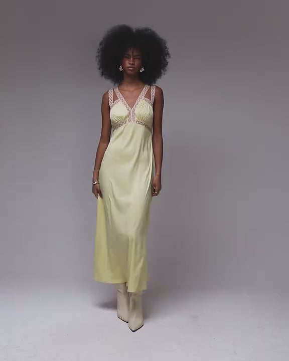 Topshop lace insert midi dress with pleated bust in lemon and peach
