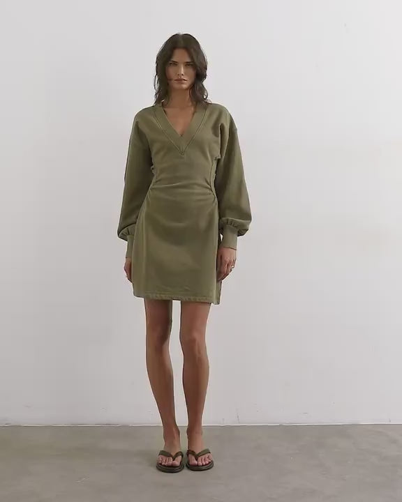 Topshop v-neck cinch waist sweat mini dress in khaki
