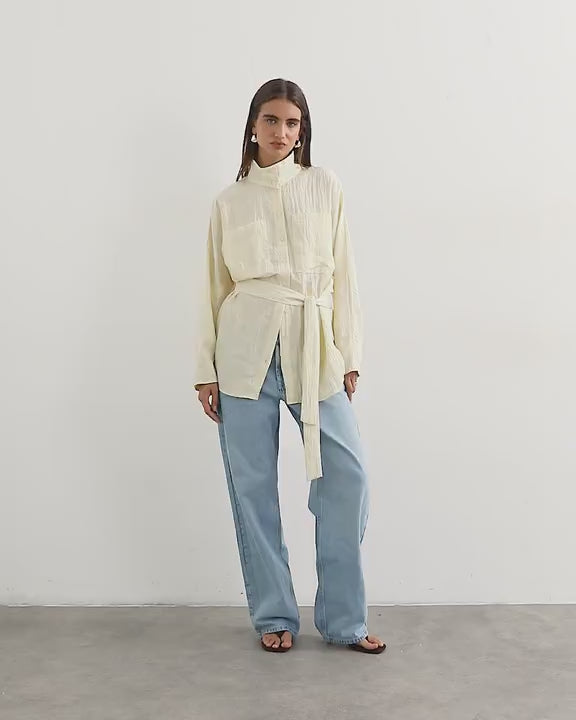 Topshop tie waist funnel neck tunic top in buttermilk