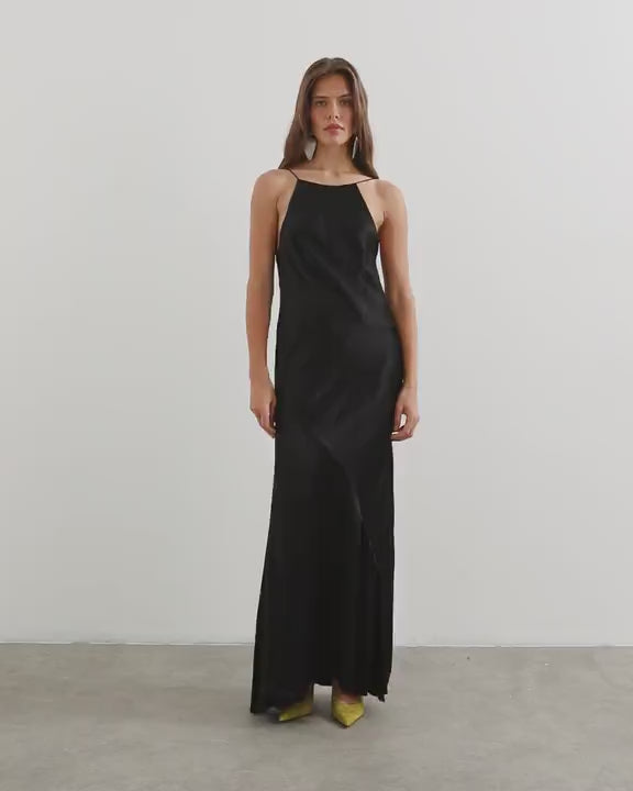 Topshop satin bias halter neck open scoop back maxi dress in black