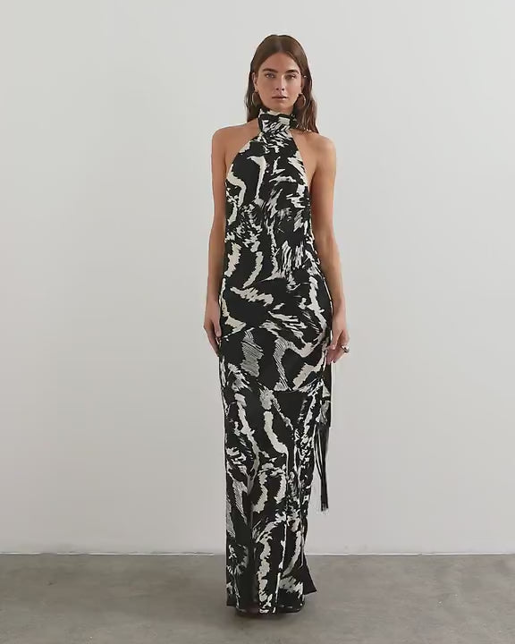 Topshop satin asymmetric halter neck maxi dress with fringed scarf in animal print