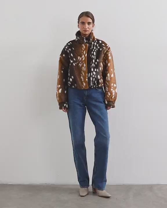 Topshop faux fur funnel neck bomber jacket in deer print
