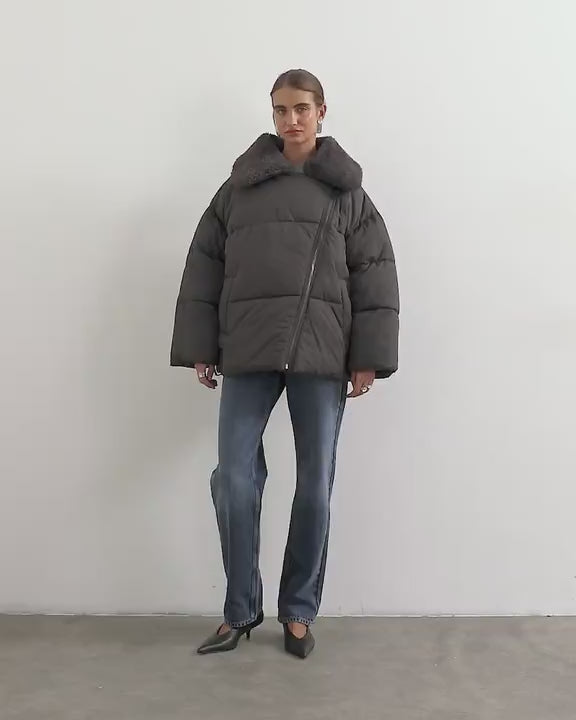 Topshop biker puffer with detachable borg collar in chocolate