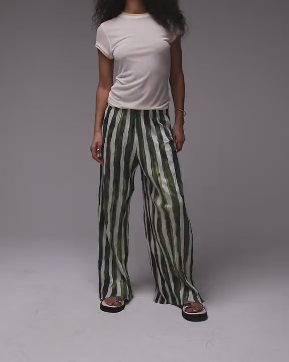Topshop stripe crinkle wide leg trousers in green