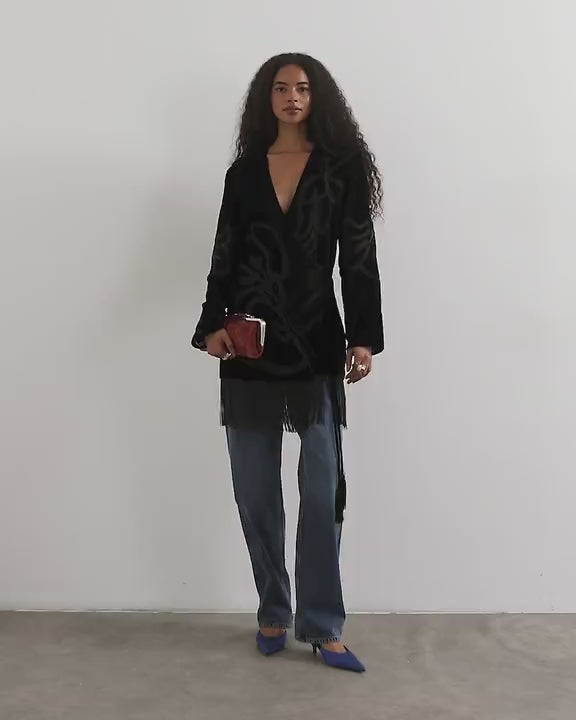 Topshop premium velvet sheer embroidered detail bed jacket mini dress with fringed hem in black